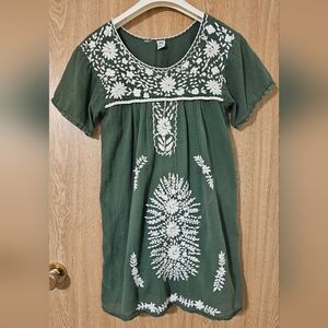 Raj Green Embroidered Tunic Dress Cotton Bathing Suit Cover Up Size Small